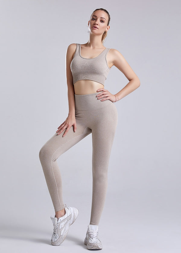 Seamless Solid Ribbing Yoga Suit Sports Tracksuit Tank Crop Top Leggings Two Piece Set Workout Gym Fitness Female Suit | Vimost Shop.