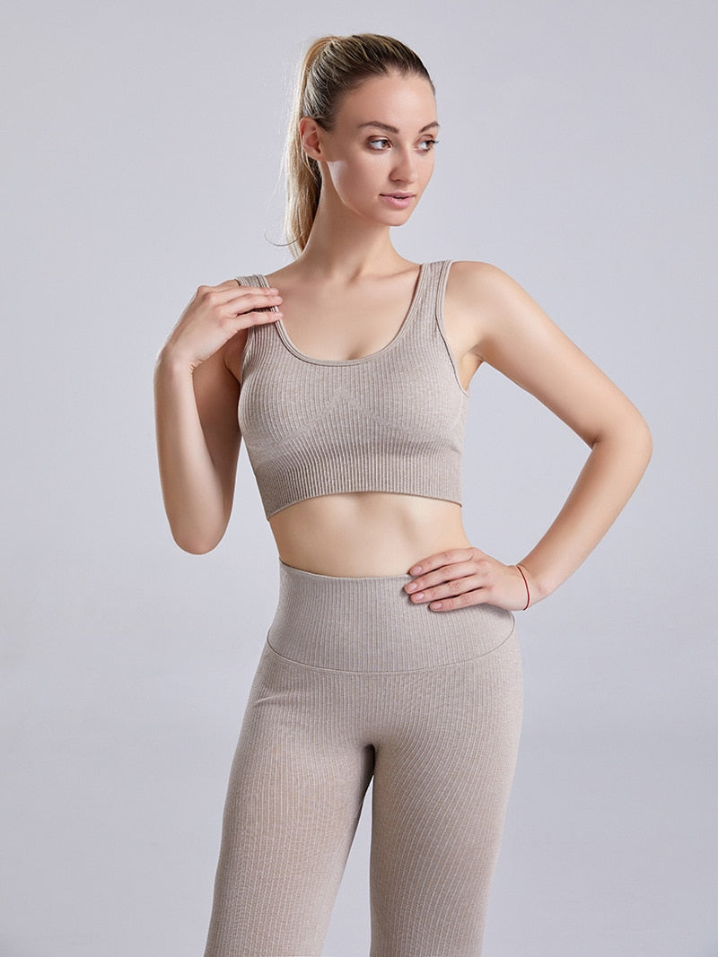 Seamless Solid Ribbing Yoga Suit Sports Tracksuit Tank Crop Top Leggings Two Piece Set Workout Gym Fitness Female Suit | Vimost Shop.