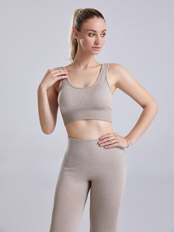 Seamless Solid Ribbing Yoga Suit Sports Tracksuit Tank Crop Top Leggings Two Piece Set Workout Gym Fitness Female Suit | Vimost Shop.