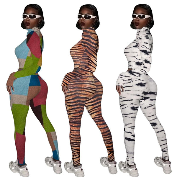 Autumn Print Sports Tracksuit Long Sleeve Zipper Crop Top Pencil Pants Two Piece Set Sports Gym Fitness Casual Bodycon Outfits | Vimost Shop.