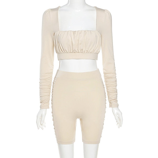 Solid Sportswear Pleated Yoga Set Gym Fitness Tracksuit Long Sleeve Rushed Crop Top Shorts Suit Outdoor Sports Workout Suit | Vimost Shop.