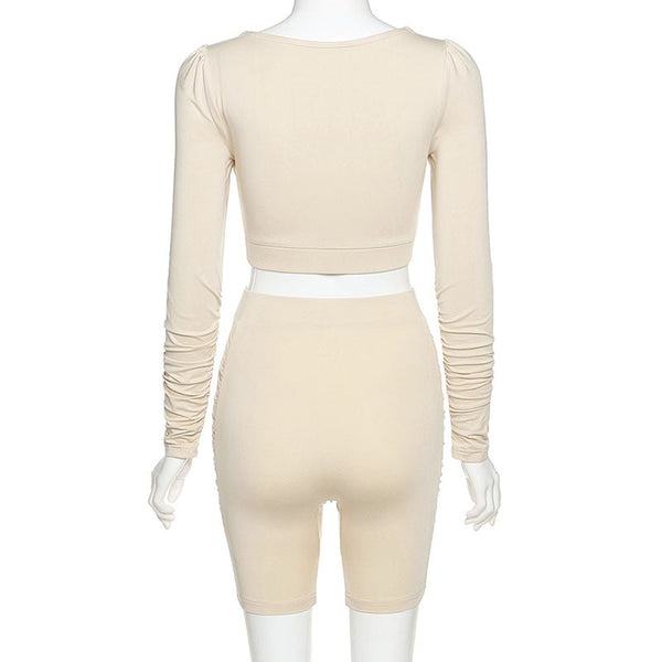 Solid Sportswear Pleated Yoga Set Gym Fitness Tracksuit Long Sleeve Rushed Crop Top Shorts Suit Outdoor Sports Workout Suit | Vimost Shop.