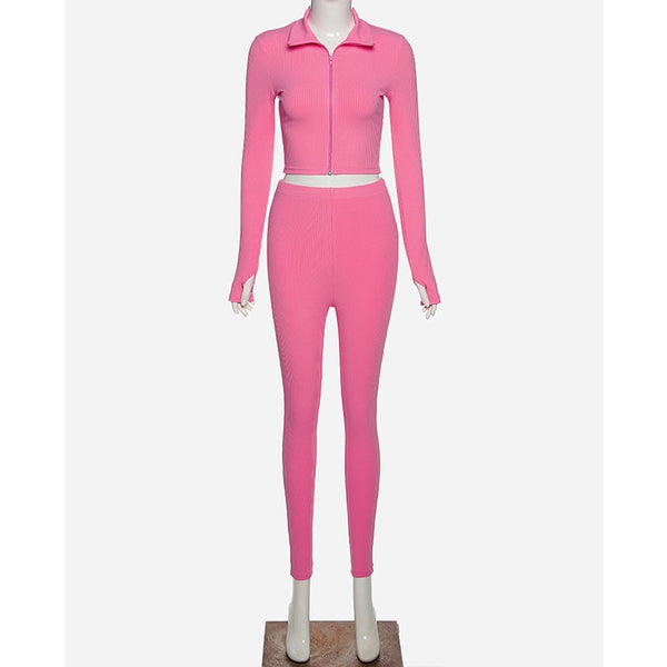 Autumn Solid Ribbing Two Piece Set Tracksuit For Women Fashion Long Sleeve Front Zipper Crop Top Leggings Jogging Sports Suit | Vimost Shop.