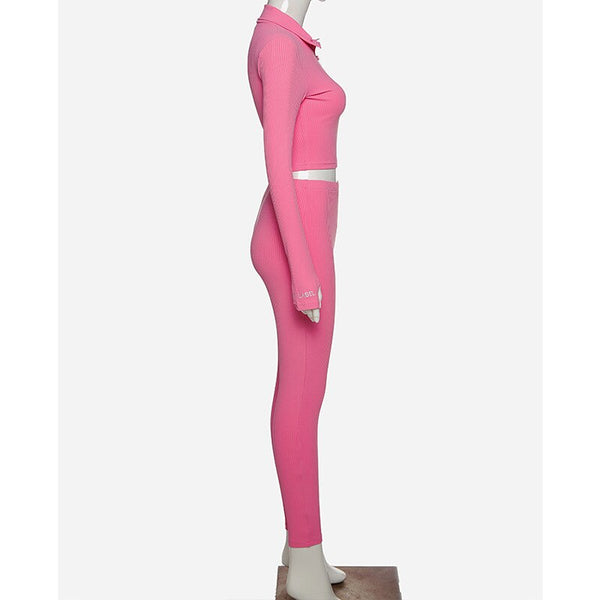 Autumn Solid Ribbing Two Piece Set Tracksuit For Women Fashion Long Sleeve Front Zipper Crop Top Leggings Jogging Sports Suit | Vimost Shop.