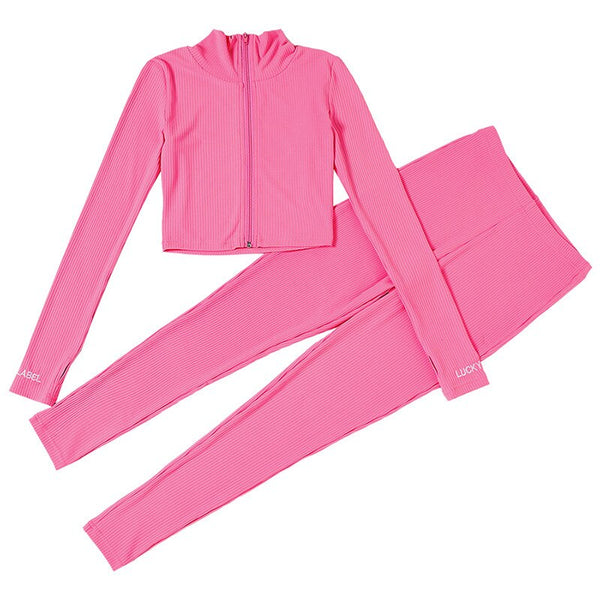 Autumn Solid Ribbing Two Piece Set Tracksuit For Women Fashion Long Sleeve Front Zipper Crop Top Leggings Jogging Sports Suit | Vimost Shop.