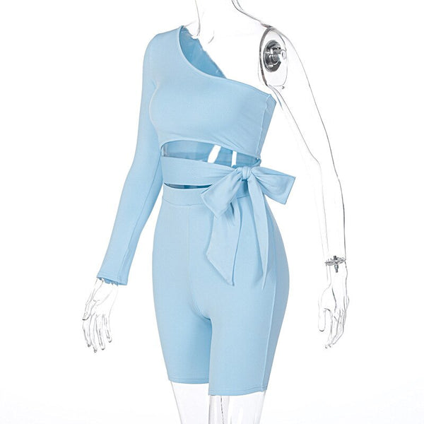 Seamless Sportswear Yoga 2 PCS Set GYM Fitness Sports Tracksuit One Shoulder Tie Knot Crop Top High Elastics Shorts Two Piece | Vimost Shop.