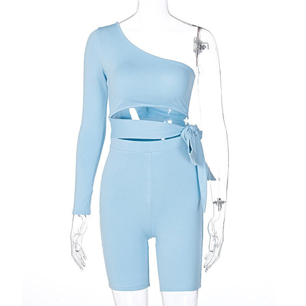 Seamless Sportswear Yoga 2 PCS Set GYM Fitness Sports Tracksuit One Shoulder Tie Knot Crop Top High Elastics Shorts Two Piece | Vimost Shop.