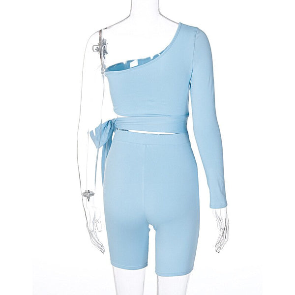 Seamless Sportswear Yoga 2 PCS Set GYM Fitness Sports Tracksuit One Shoulder Tie Knot Crop Top High Elastics Shorts Two Piece | Vimost Shop.