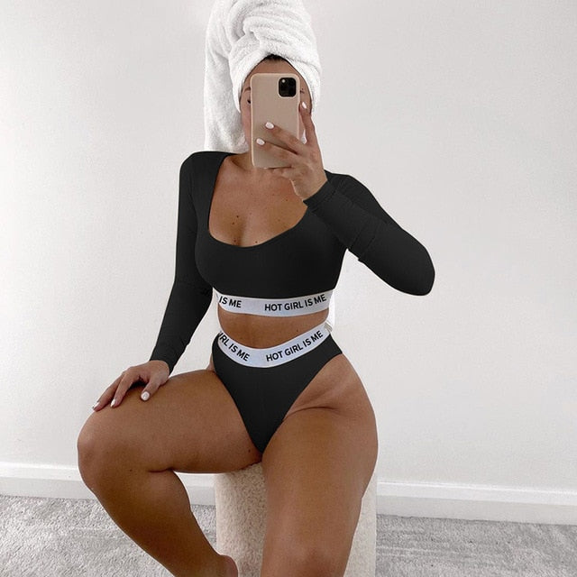 Women Letter Print Yoga Suit Gym Slim Tracksuit Long Sleeve Crop Top Thong Two Piece Set Casual Sports Running Suit Hot Sale | Vimost Shop.