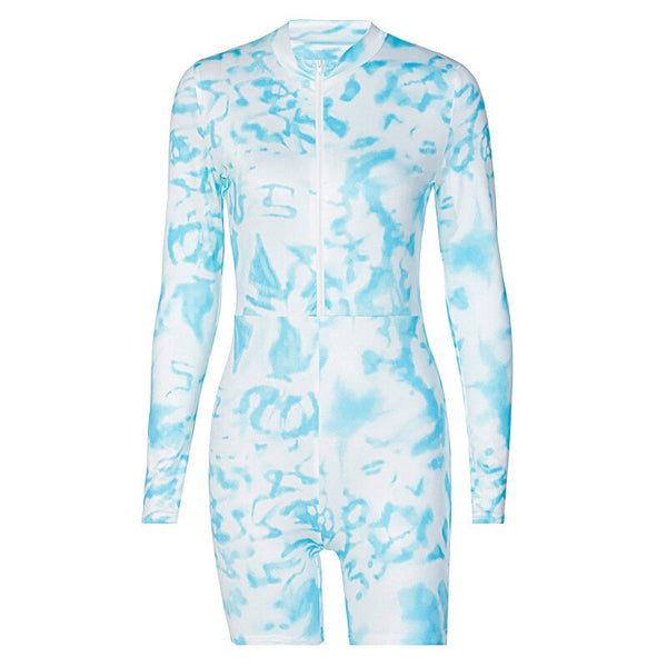 Tie Dye Print Jumpsuit Women Long Sleeve Front Zipper Top Shorts One Piece Tracksuit Workout Push Gym Sports Sexy One Piece | Vimost Shop.