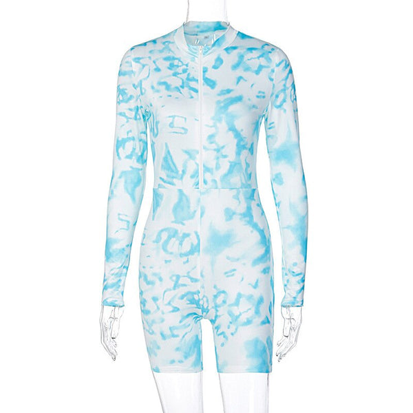 Tie Dye Print Jumpsuit Women Long Sleeve Front Zipper Top Shorts One Piece Tracksuit Workout Push Gym Sports Sexy One Piece | Vimost Shop.