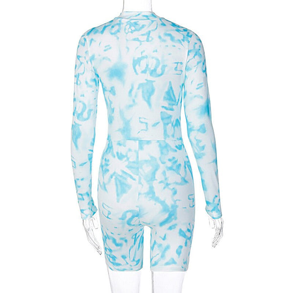 Tie Dye Print Jumpsuit Women Long Sleeve Front Zipper Top Shorts One Piece Tracksuit Workout Push Gym Sports Sexy One Piece | Vimost Shop.
