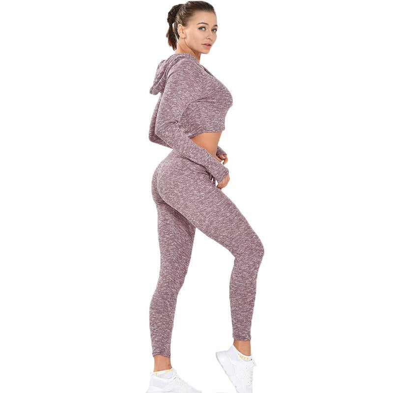 Gym Yoga Suit Ribbing Hoodie Long Sleeve Leggings Two Piece Set Fitness Sportswear Seamless Running Workout Training Tracksuit | Vimost Shop.