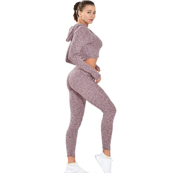 Gym Yoga Suit Ribbing Hoodie Long Sleeve Leggings Two Piece Set Fitness Sportswear Seamless Running Workout Training Tracksuit | Vimost Shop.