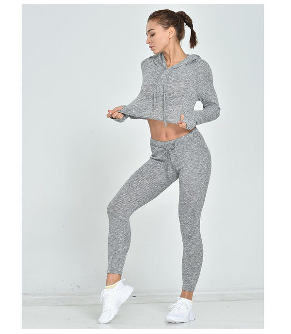 Gym Yoga Suit Ribbing Hoodie Long Sleeve Leggings Two Piece Set Fitness Sportswear Seamless Running Workout Training Tracksuit | Vimost Shop.