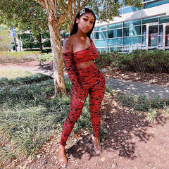 Print One Shoulder Sportswear Set For Women Crop Top Leggings Pants Suit Gym Fitness Jogging Slim Tracksuit Outfits Clothing