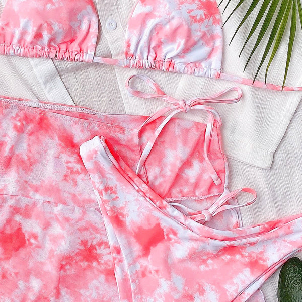 Tie Dye Print Bikini Three Piece Set Bra Top Thong Mini Skirt Swimsuit Brazilian Beach Biquini Swimming Bohemian Bathing Suit | Vimost Shop.