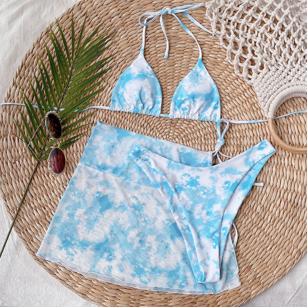 Tie Dye Print Bikini Three Piece Set Bra Top Thong Mini Skirt Swimsuit Brazilian Beach Biquini Swimming Bohemian Bathing Suit | Vimost Shop.