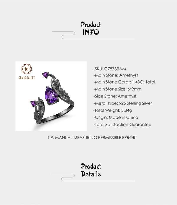 1.43Ct Natural Amethyst Gemstone Rings 925 Sterling Silver Handmade Adjustable Angel's Wing Ring for Women Bijoux | Vimost Shop.