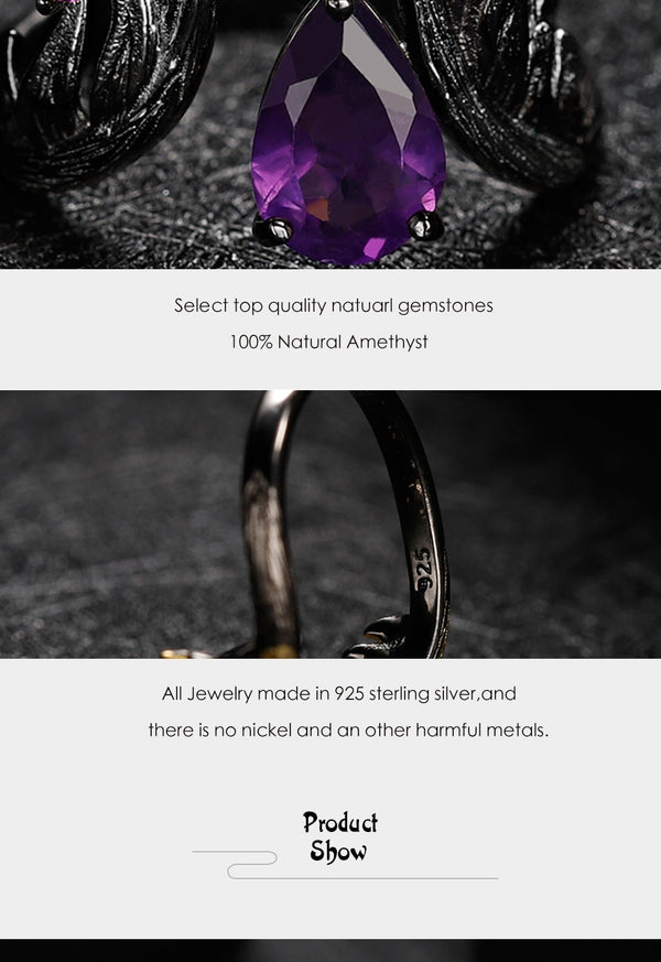 1.43Ct Natural Amethyst Gemstone Rings 925 Sterling Silver Handmade Adjustable Angel's Wing Ring for Women Bijoux | Vimost Shop.