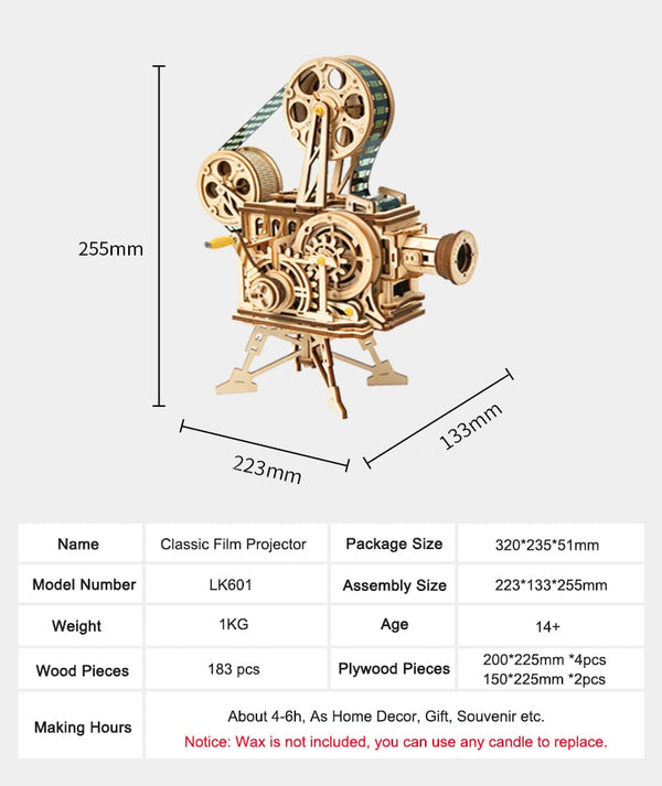 ROKR Hand Crank Projector Classic Film Vitascope 3D Wooden Puzzle Model Building Toys for Children Adult LK601 | Vimost Shop.