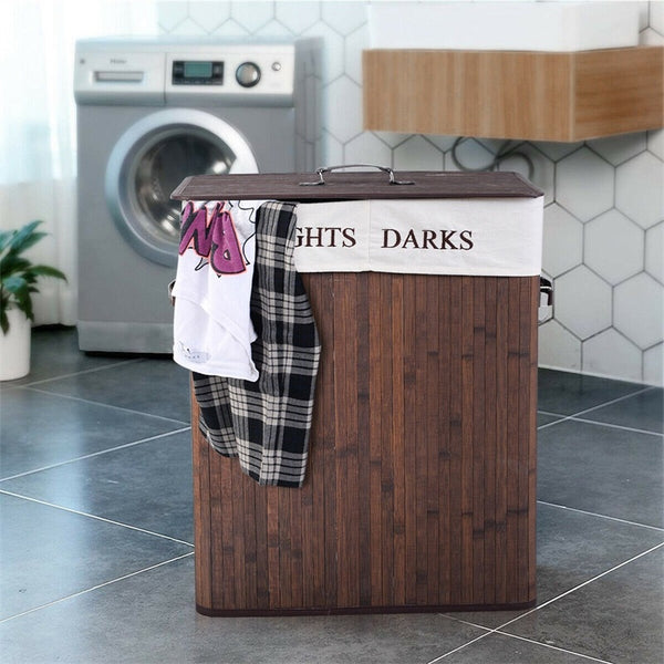 Folding Double Rectangle Bamboo Hamper Laundry Basket Withdrawable Inside Liner Thickened Lid with PU Leather Handle | Vimost Shop.