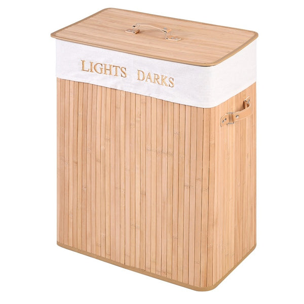 Folding Double Rectangle Bamboo Hamper Laundry Basket Withdrawable Inside Liner Thickened Lid with PU Leather Handle | Vimost Shop.
