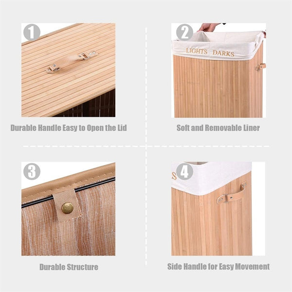 Folding Double Rectangle Bamboo Hamper Laundry Basket Withdrawable Inside Liner Thickened Lid with PU Leather Handle | Vimost Shop.