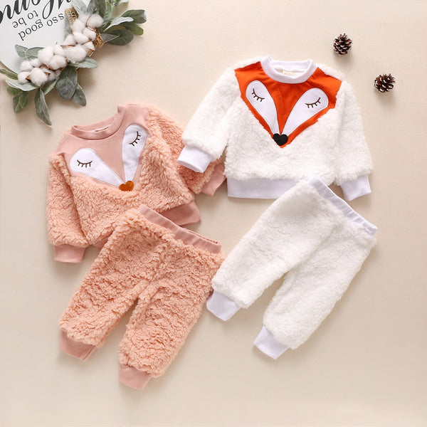 Winter Lamb Wool Newborn Baby Girls Clothes Cartoon Printed Tops And Pants Casual Round Neck Infant Girls Outfits Clothing D30 | Vimost Shop.