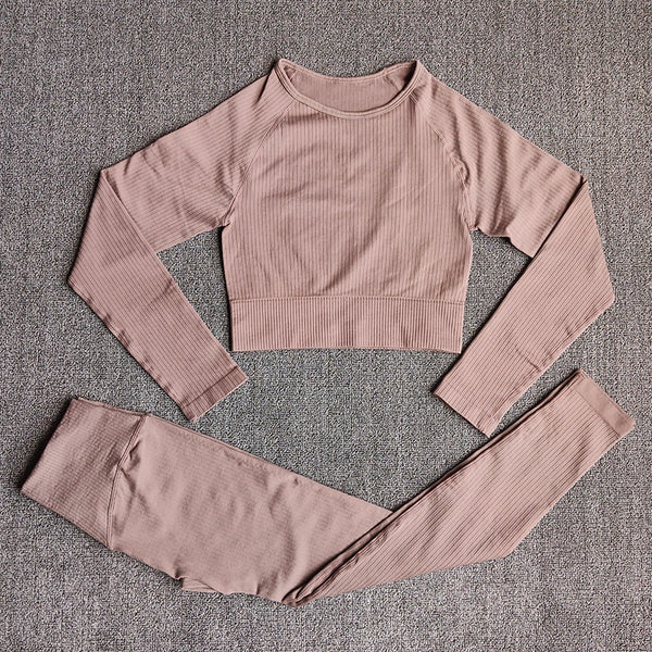 Women's Sportswear Yoga Sets Ribbed Seamless Long Sleeve Workout Clothes for Women High Waist Sports Legging Long Sleeve Top