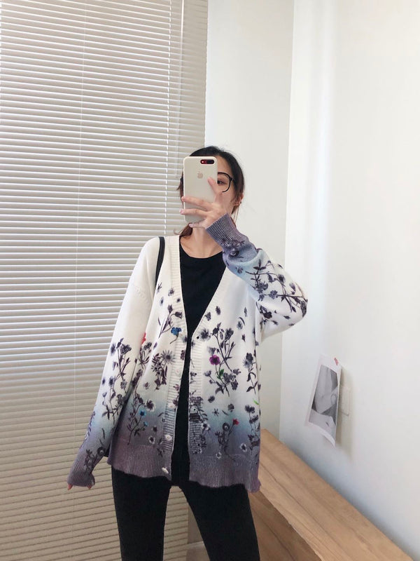 Women Oversized Clothing Wool Blend Long Cardigans Sweater Spring Autumn Print Pattern Knitted Coat Knitwear C-263