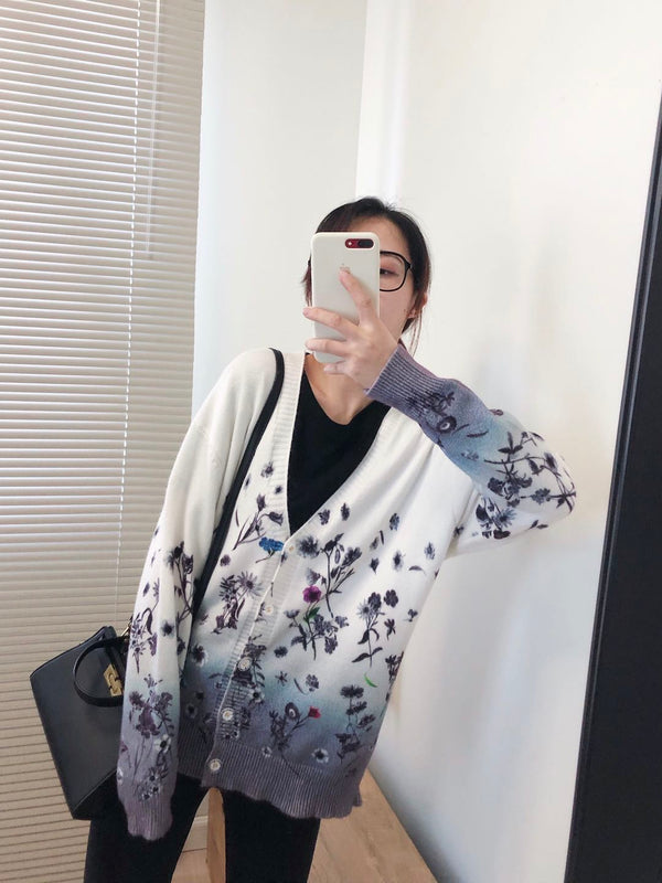 Women Oversized Clothing Wool Blend Long Cardigans Sweater Spring Autumn Print Pattern Knitted Coat Knitwear C-263