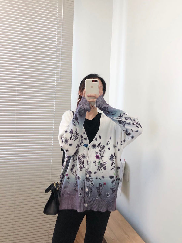 Women Oversized Clothing Wool Blend Long Cardigans Sweater Spring Autumn Print Pattern Knitted Coat Knitwear C-263