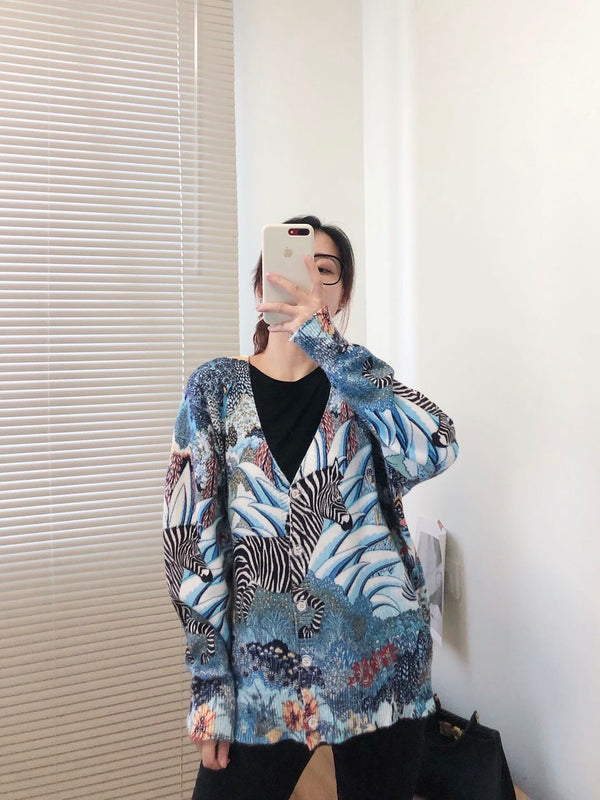 Women Oversized Clothing Wool Blend Long Cardigans Sweater Spring Autumn Print Pattern Knitted Coat Knitwear C-263