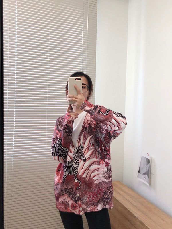 Women Oversized Clothing Wool Blend Long Cardigans Sweater Spring Autumn Print Pattern Knitted Coat Knitwear C-263