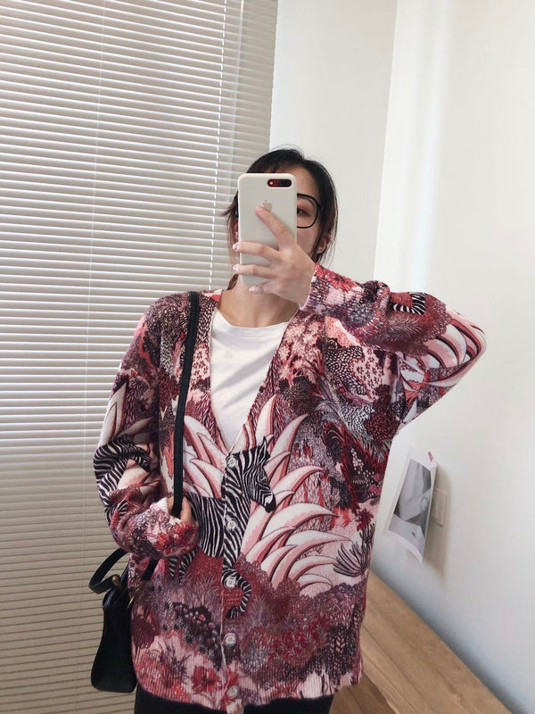 Women Oversized Clothing Wool Blend Long Cardigans Sweater Spring Autumn Print Pattern Knitted Coat Knitwear C-263