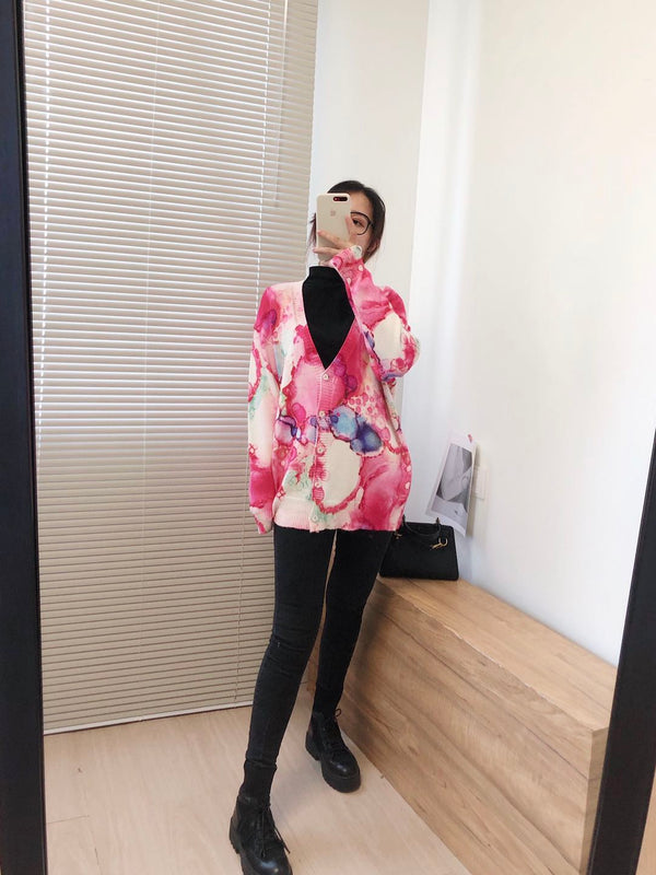 Women Oversized Clothing Wool Blend Long Cardigans Sweater Spring Autumn Print Pattern Knitted Coat Knitwear C-263