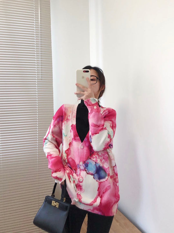 Women Oversized Clothing Wool Blend Long Cardigans Sweater Spring Autumn Print Pattern Knitted Coat Knitwear C-263