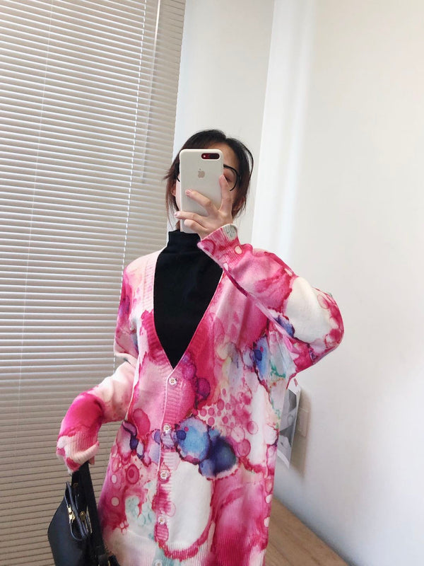 Women Oversized Clothing Wool Blend Long Cardigans Sweater Spring Autumn Print Pattern Knitted Coat Knitwear C-263