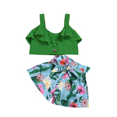 Summer Girls Clothing Set Green Short Style Vest Floral Shorts 2pcs Toddler Children Outfits 1 2 3 4 5 6 Year Kids Suits