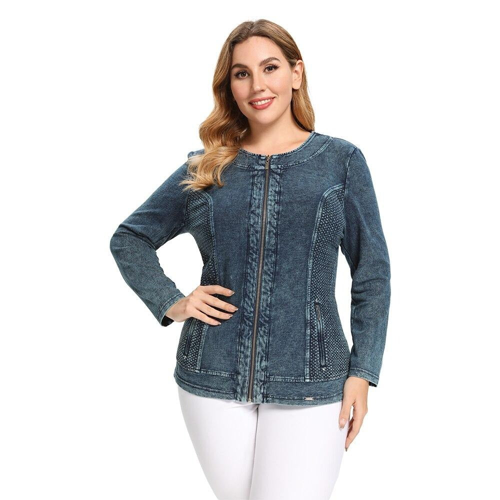 Women's Plus Size Autumn Casual Denim Jacket High Flexibility Cotton Knitted Denim Jacket