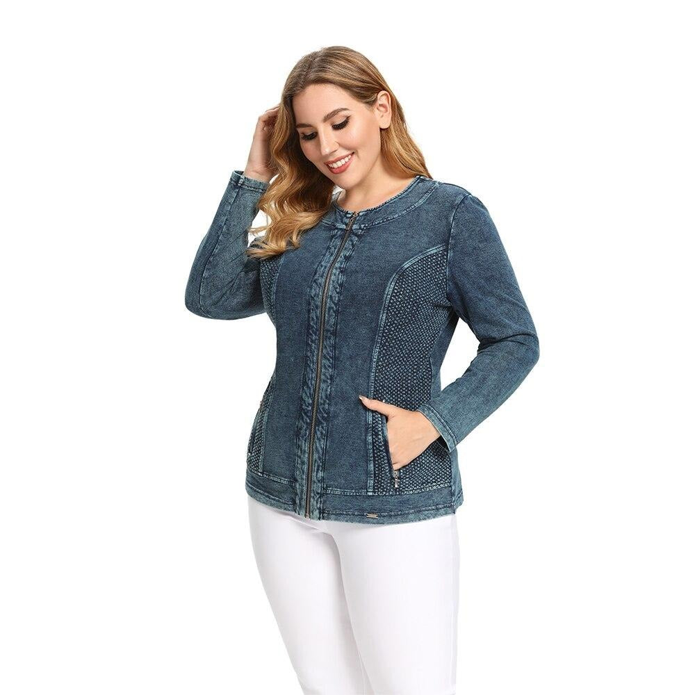 Women's Plus Size Autumn Casual Denim Jacket High Flexibility Cotton Knitted Denim Jacket