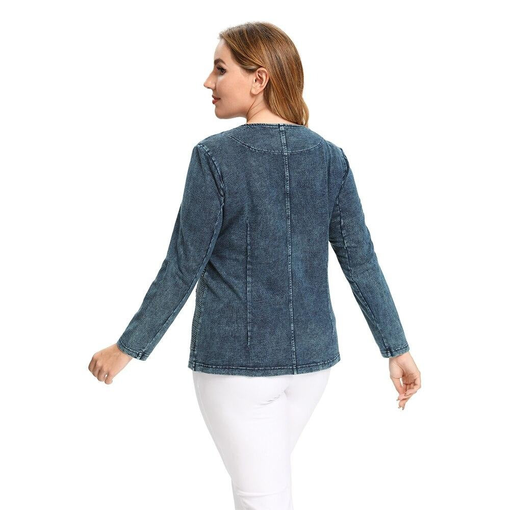 Women's Plus Size Autumn Casual Denim Jacket High Flexibility Cotton Knitted Denim Jacket