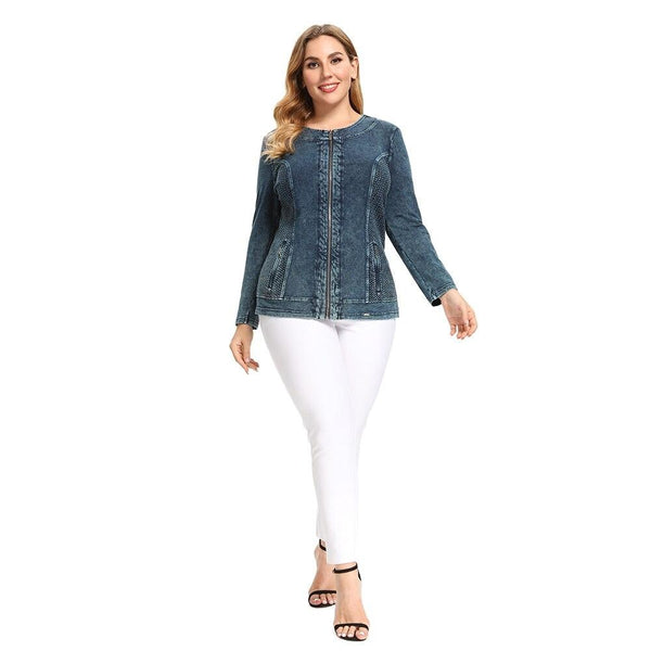 Women's Plus Size Autumn Casual Denim Jacket  High Flexibility Cotton Knitted Denim Jacket
