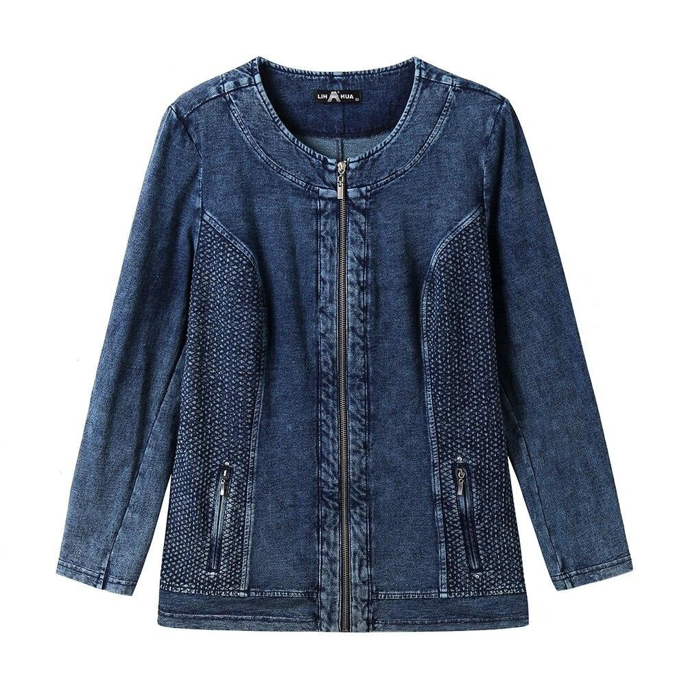 Women's Plus Size Autumn Casual Denim Jacket High Flexibility Cotton Knitted Denim Jacket