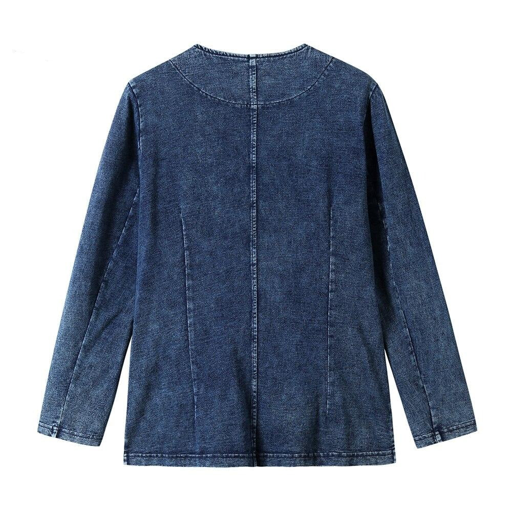 Women's Plus Size Autumn Casual Denim Jacket High Flexibility Cotton Knitted Denim Jacket