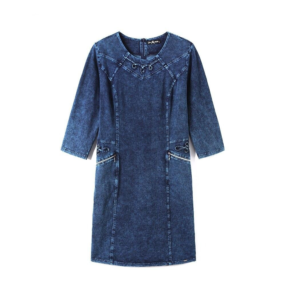 Women's Plus Size Autumn Casual Denim Dress Cotton Knitted Denim High Flexibility Slim Fit Dress Casual Fashion Dress