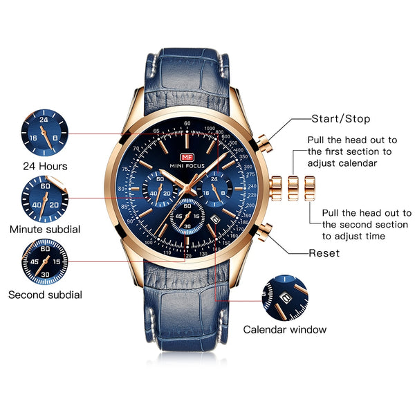 Watch For Men Quartz Military Watches Mens Auto Date Display Chronograph Casual Business Leather Strap