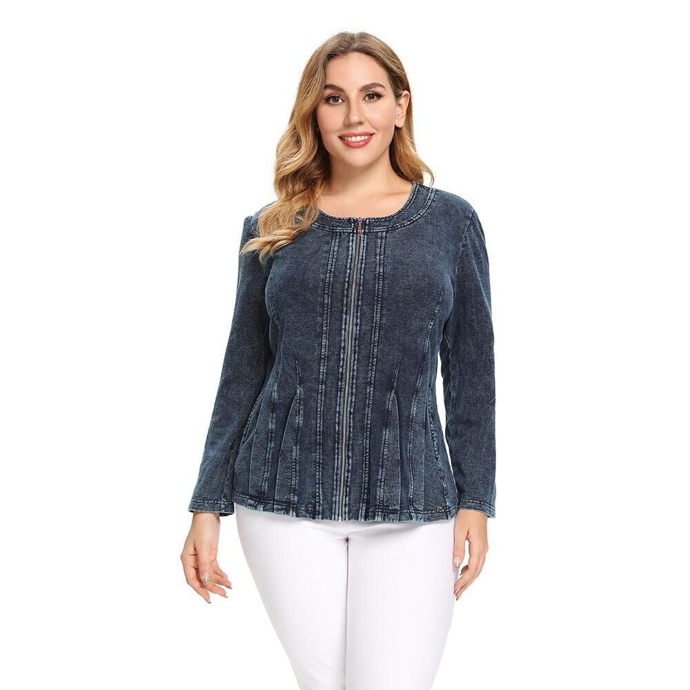 Women's Plus Size Autumn Casual Denim Jacket High Flexibility Cotton Knitted Jacket