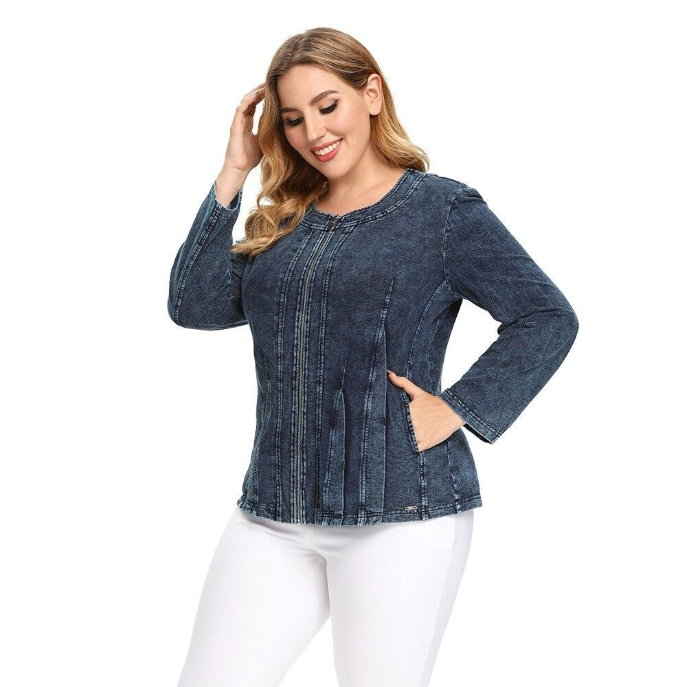 Women's Plus Size Autumn Casual Denim Jacket High Flexibility Cotton Knitted Jacket